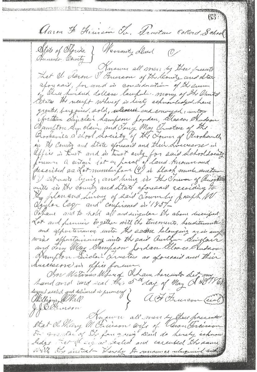 1868 deed for the Brooksville Colored School